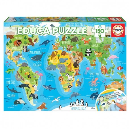 Puzzle Educa Carte du monde animaux de 150 pièces - Puzzles Educa