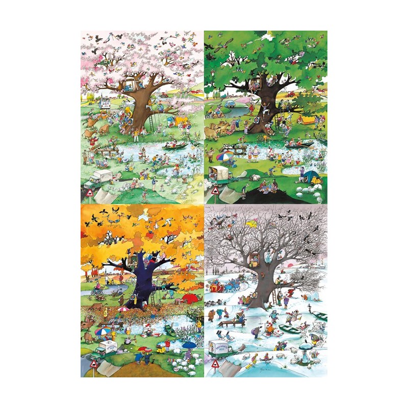 Impression Sur Toile 5 Panneaux - Arbre 4 Saisons, Paysage Nature, Noir Et Blanc