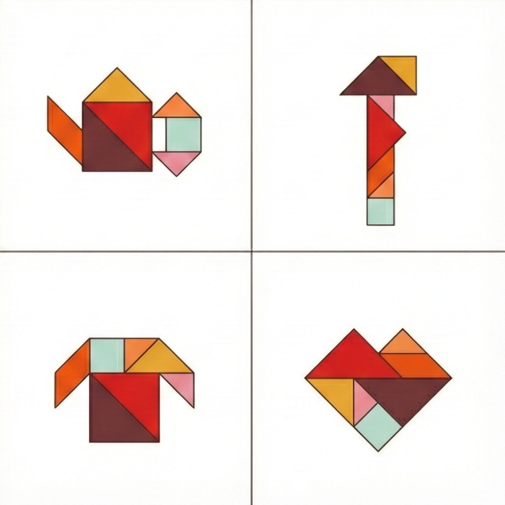 Figures tangram objets du quotidien : bougie, chemise, maison