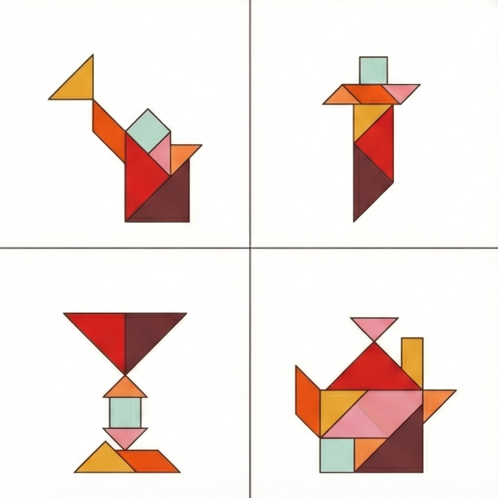 Solutions tangram objets : théière, coupes et outils
