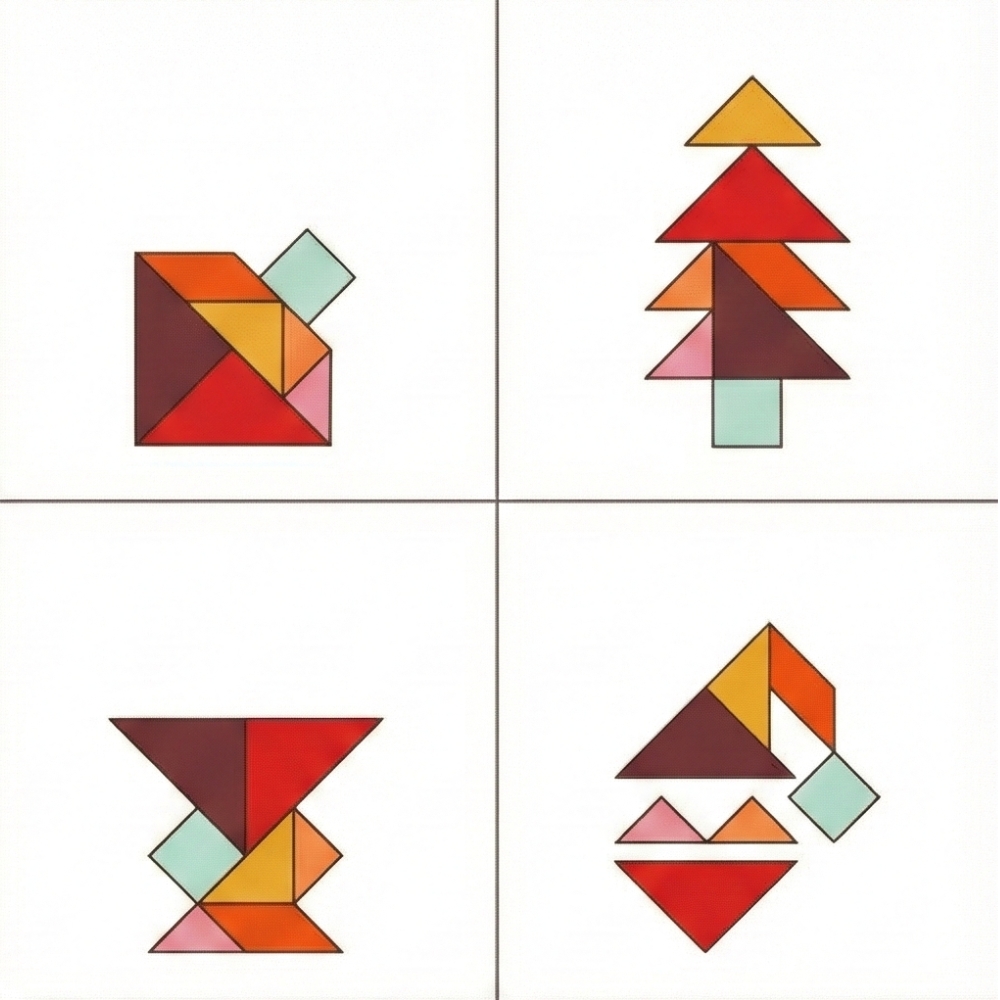 Formes de tangram objets divers marteau et vase